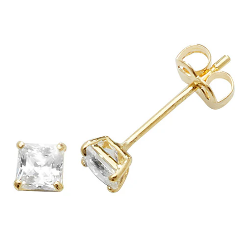 9ct Gold Princess Cut 3 mm CZ Stud Earrings