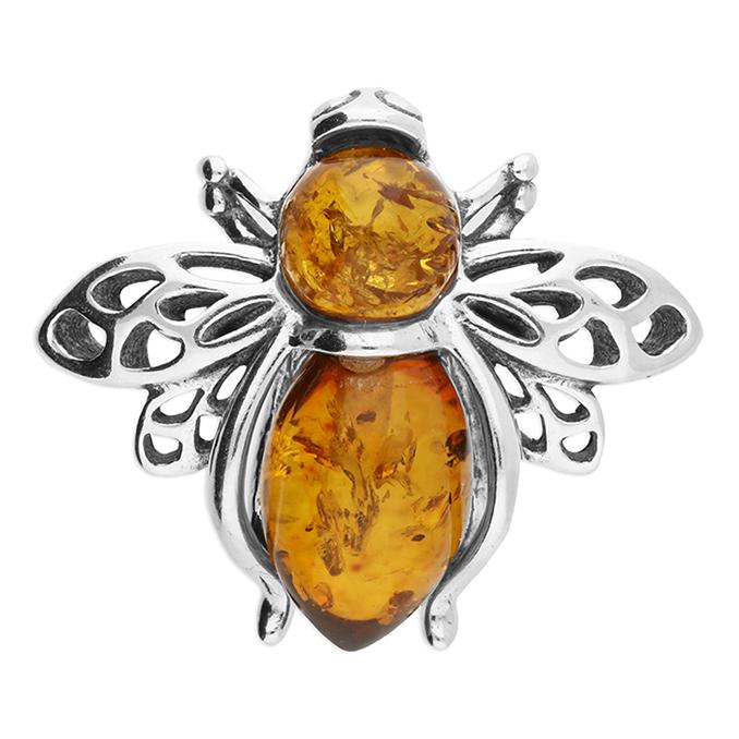 Silver Bee Brooch with Amber