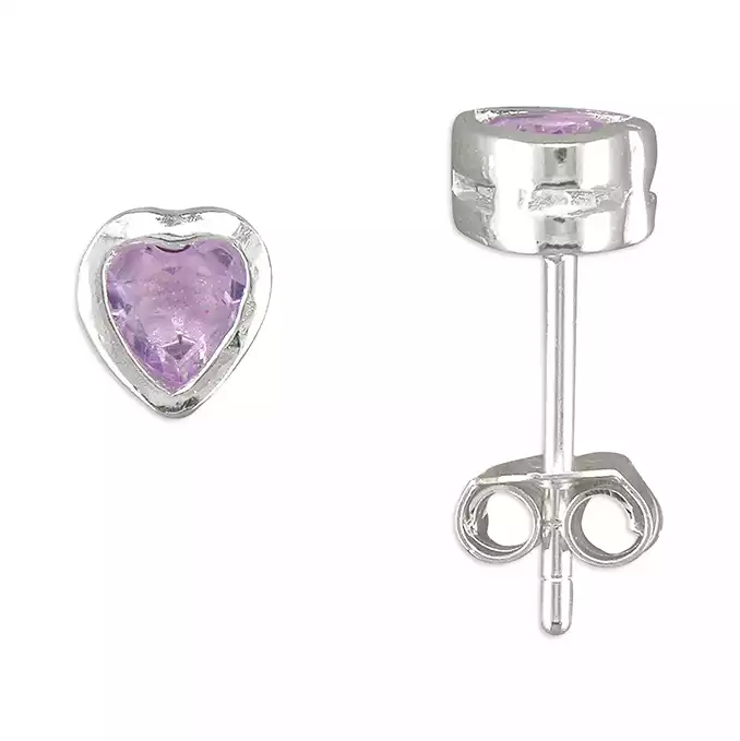 Silver Heart Stud Earrings with Amethyst
