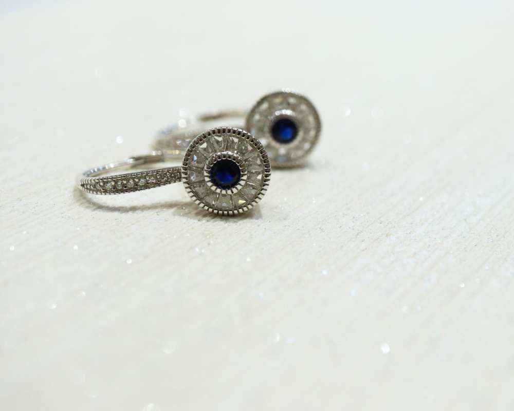 Silver Round Drop Earrings with White & Blue CZ - Image 2